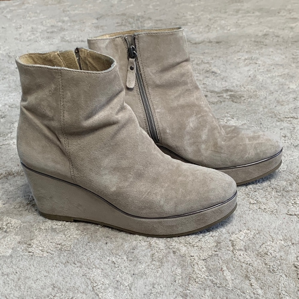 Wedge Ankle Booties in Taupe Suede with Side Zip